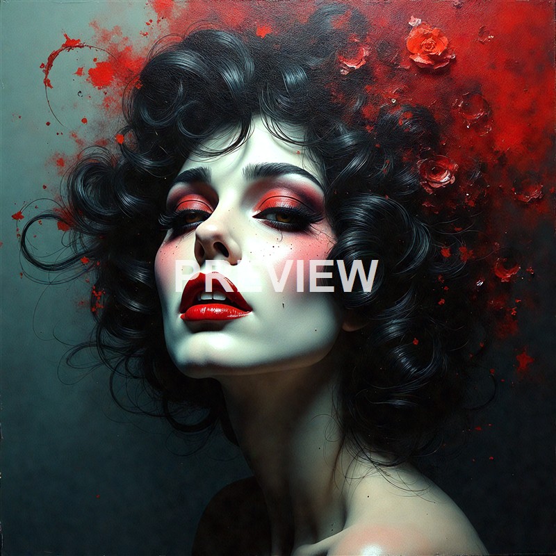 A digital artwork of a woman with pale skin, bold red lipstick, and dramatic eye makeup, surrounded by a background of red flowers and abstract splashes of red paint.